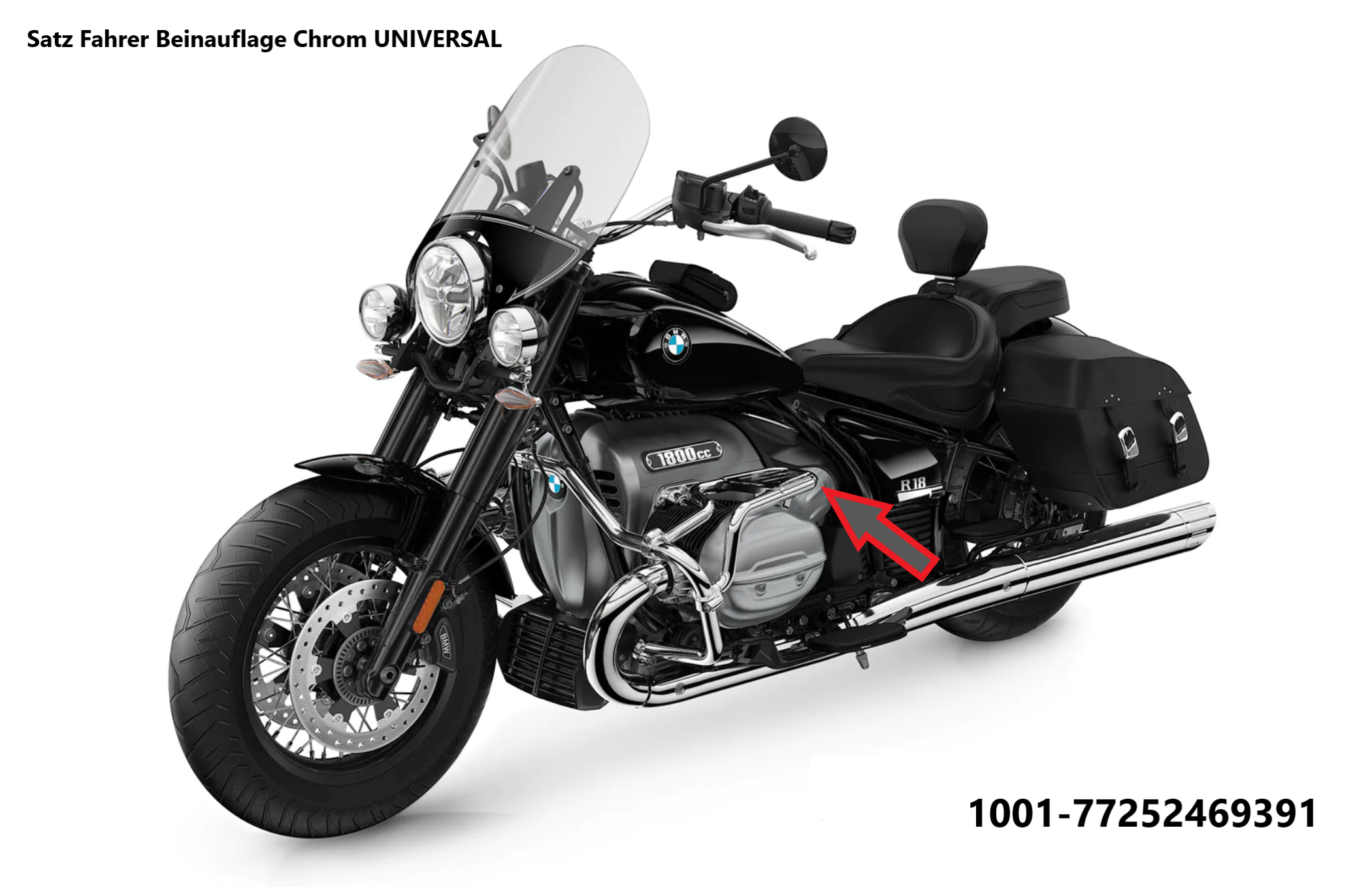 Satz Fahrer Beinauflage Chrom für Sturzbügel an der BMW R18 + Transcontinental