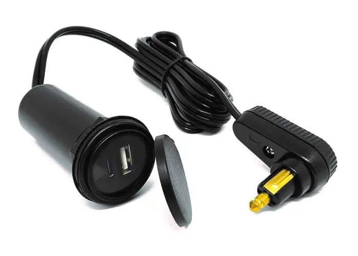 USB tank bag cable with twin charger (USB-A and USB-C) and angled plug for DIN socket