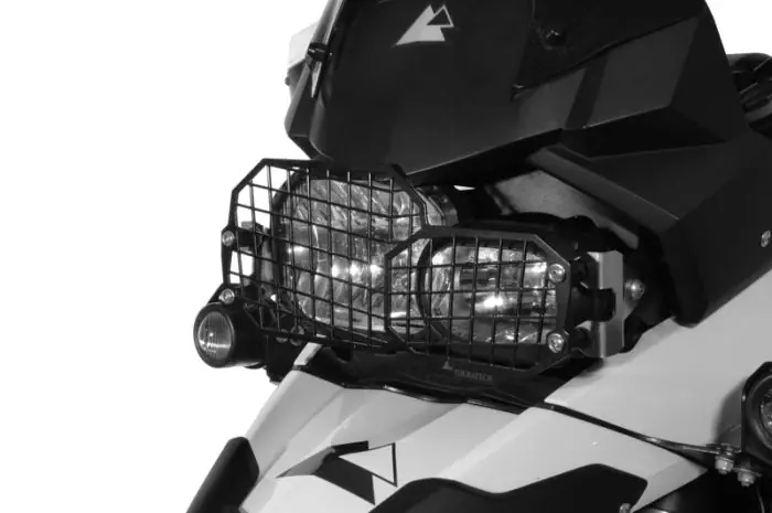 Protezione del faro in acciaio inox nero con sgancio rapido per freno principale BMW F 650 700 800 GS + Adv.
