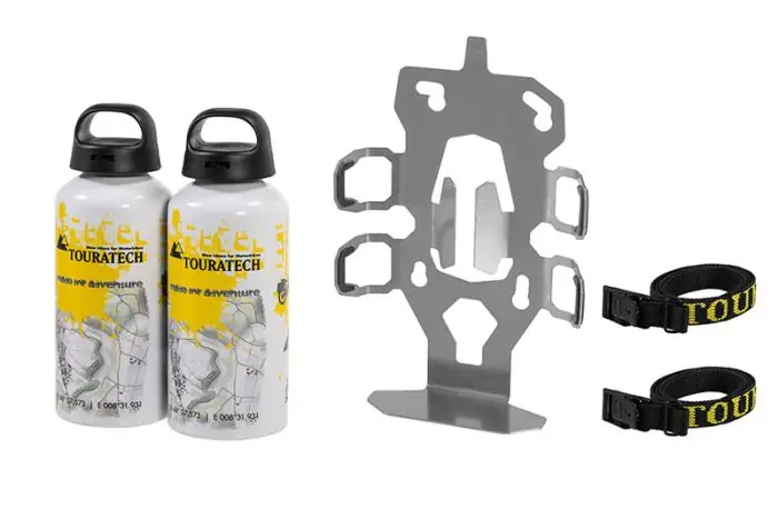 ZEGA Evo kit de support d'accessoires porte-bouteille double avec 2x bouteille d'eau en aluminium Touratech 0,6 litre ZEGA Evo kit de support d'accessoires porte-bouteille double avec 2x bouteille d'eau en aluminium Touratech 0,6 litre